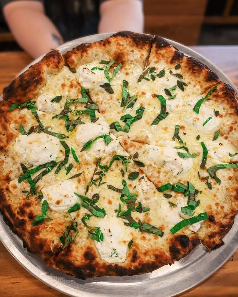 White pizza with ricotta cheese, mozzarella, and fresh basil on a metal tray.